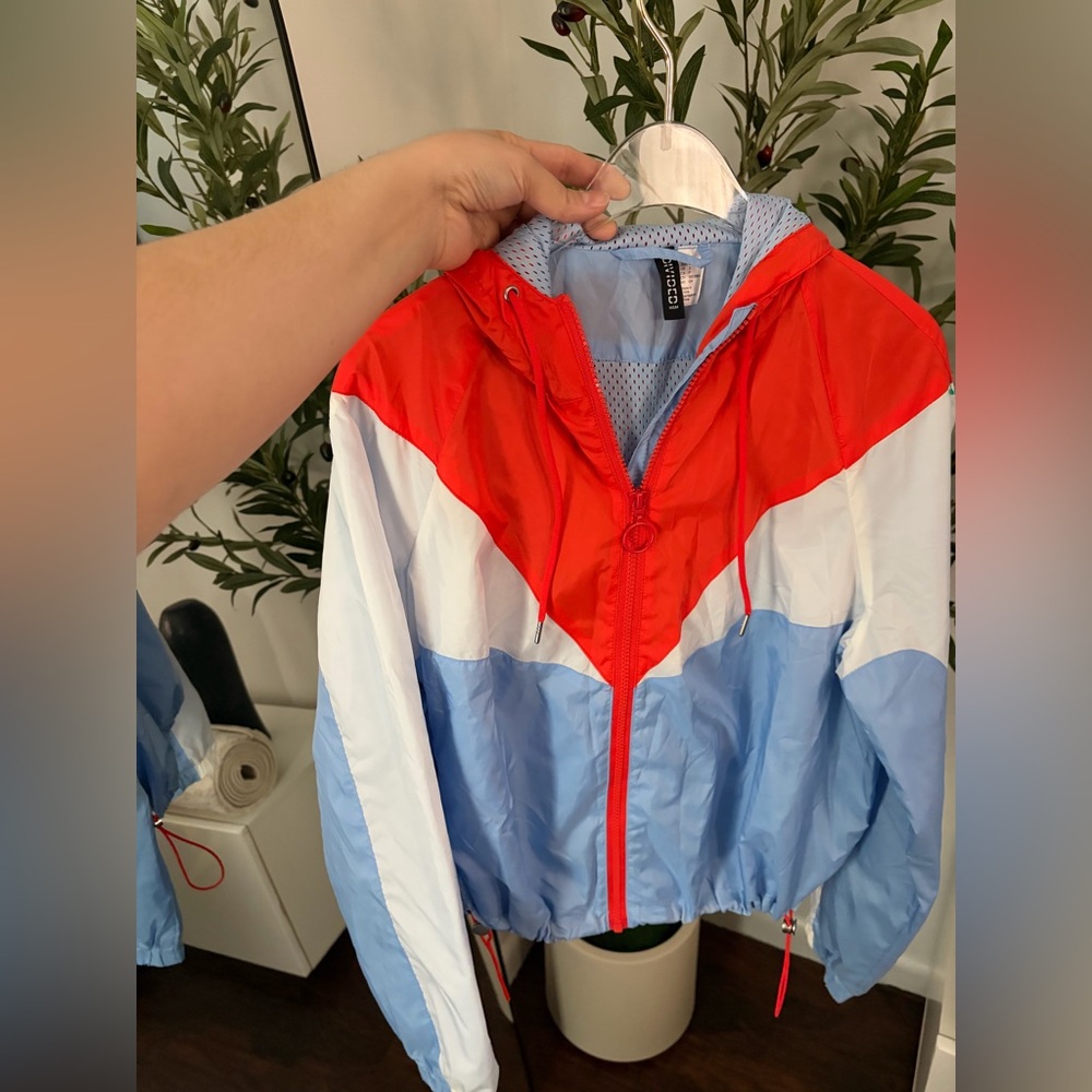 H&M Red & Light Blue Colorblock Hooded Windbreaker